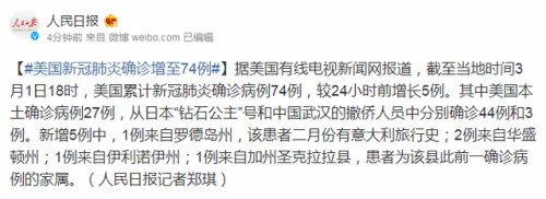 美国新冠肺炎确诊增至74例 美国本土确诊病例27例