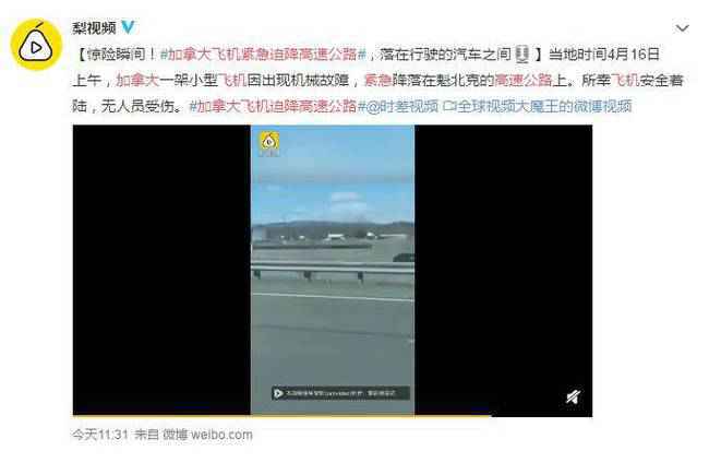 加拿大飞机紧急迫降高速公路 交通暂停近一个小时