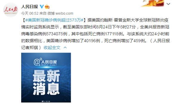 8月25日美国疫情最新消息情况：美国新冠确诊病例超过573万