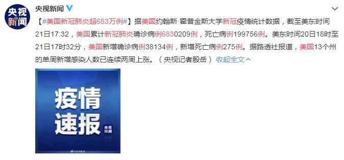 9月22日美国疫情最新消息情况：美国新冠肺炎超683万例