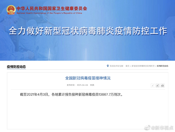 我国已接种新冠病毒疫苗13667.7万剂次