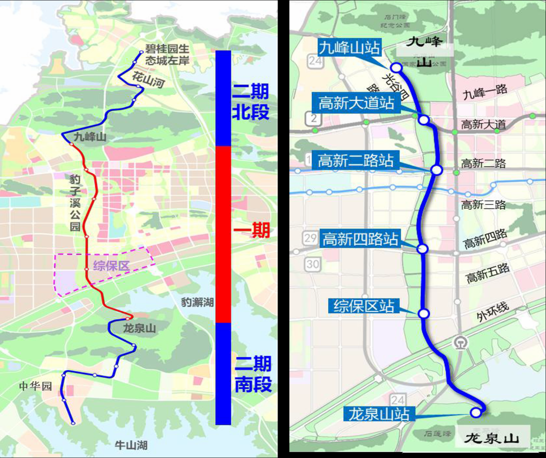 “光谷空轨”整体走向和一期工程六座车站分布示意图